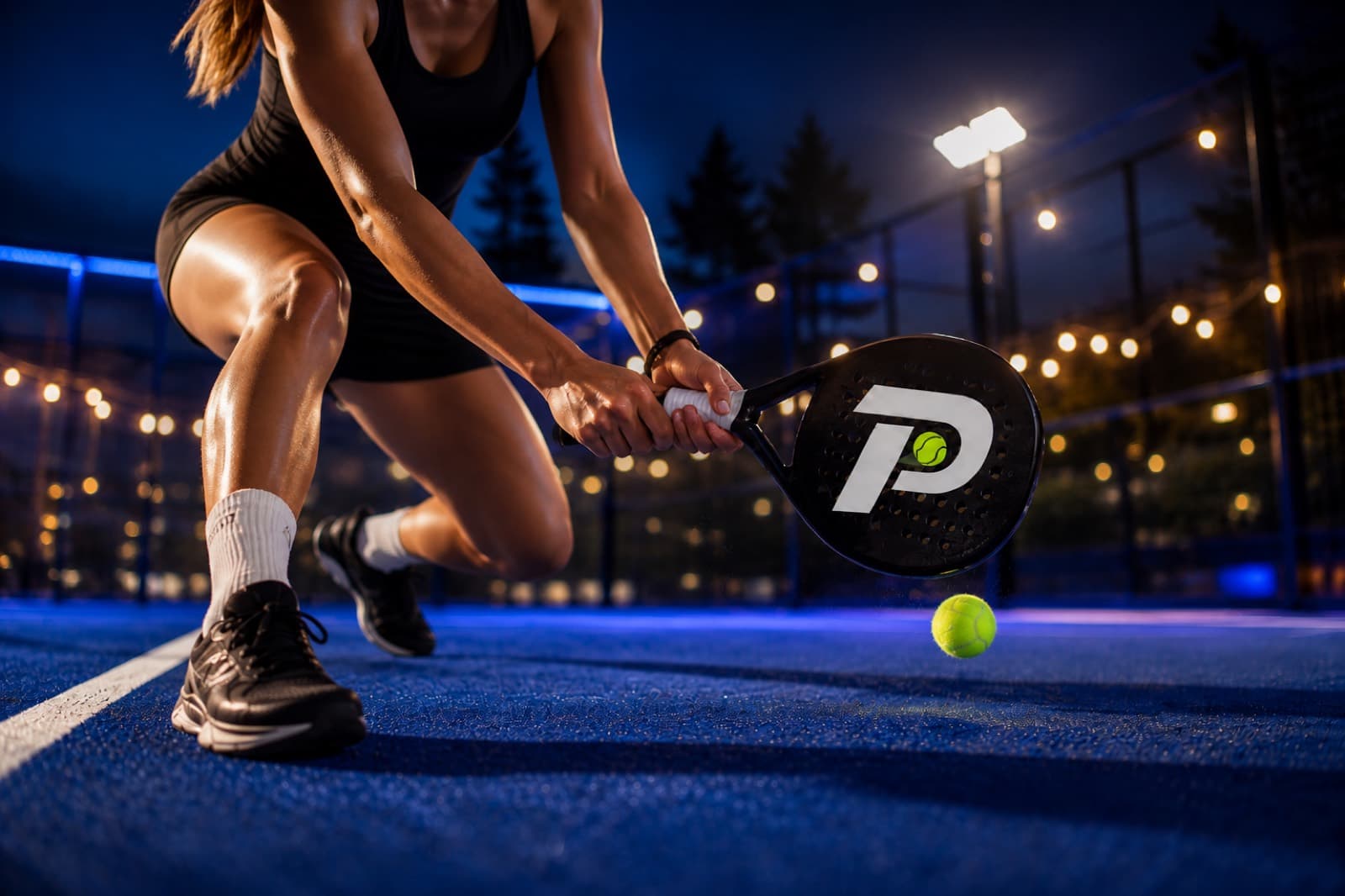 Nachts auf dem Padelcourt — Spielerin mit Schläger und Ball bei Ladies Americano