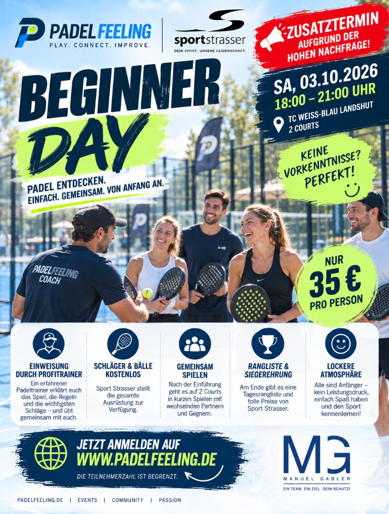 Flyer: PADELfeeling x Sport Strasser Beginner Day Abend am TC Weiss-Blau Landshut